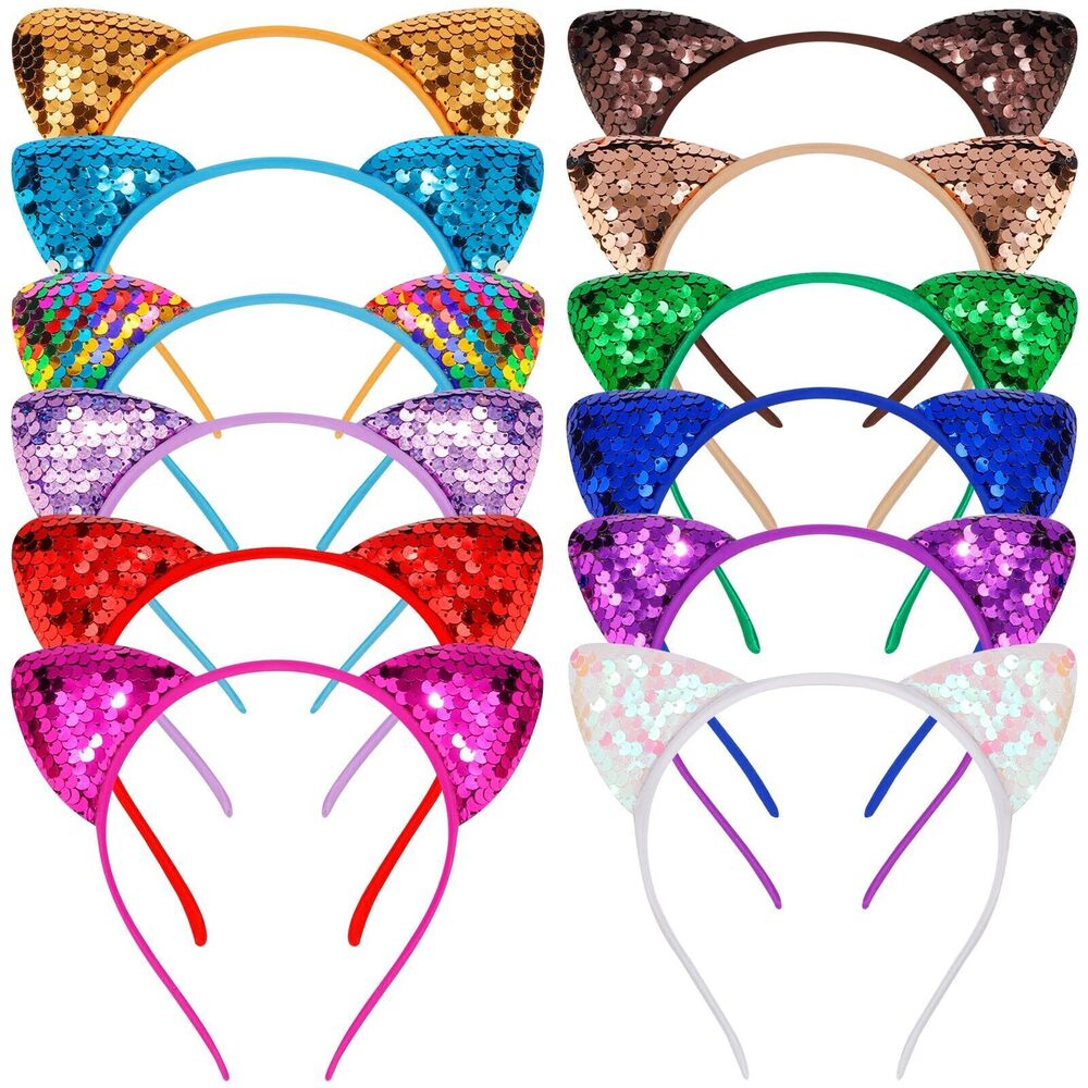 5927 12Pcs Cat Ears Headbands Set with Sequins for Girls - Birthday Party